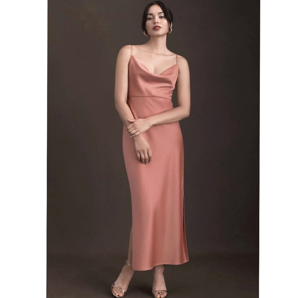 Anthropologie BHLDN  Pink Blush Cali Satin Cowl Neck Midi Slip Dress Size 2